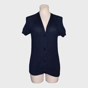 Lafayette 148 Navy Linen Cotton Short Sleeve Button Cardigan Sweater